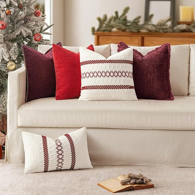 MIULEE Set of 2 Christmas Burgundy Boho Decorative Lumbar Pillow Covers 12x20 Inch Farmhouse Rustic Couch Throw Pillows Modern Cotton Cushion Covers Retro Macrame Woven Home Decor for Bed Sofa Chair