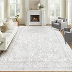 9x12 Area Rugs for Living Room: Washable Large Vintage Floral Rug Low Pile Non-Slip Boho Carpet for Bedroom Home Office Dining Room (Floral Grey, 9'x12')