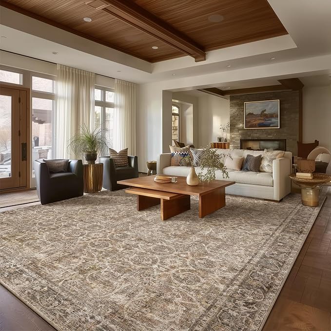 Washable Rugs for Living Room: 9x12 Area Rugs for Bedroom Ultral Soft Non-Slip Stain Resistant Vintage Boho Large Carpet for High-Traffic Dining Room - Farmhouse Decor