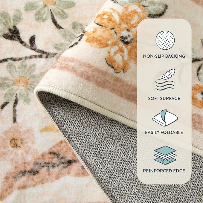 Lahome Sylvie Fall Boho Washable Area Rugs 5x7 for Bedroom, Bohemian Brown Rugs for Living Room, Soft Floral Thin Carpet for Kids Room Apartment Dorm Home Decor, Ochre Fall