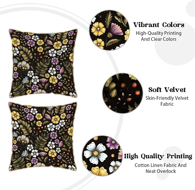 Blue Yellow Purple Floral Soft Velvet Throw Pillow Covers Set of 2 Plant Botanical Flowers Decorative Pillow Covers 20x20 In Vintage Black Pillow Case For Sofa Couch Living Room Farmhouse Home Decor
