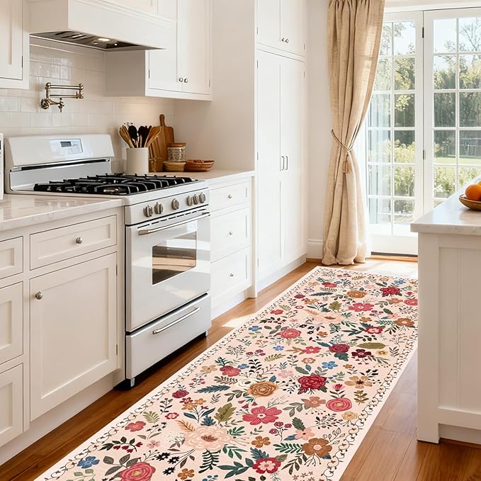 Washable 2' x 6' Runners for Hallways, Non Slip Long Floor Runner for Kitchen, Entryway Indoor, Stain Resistant Rubber Backing Floral Decor Rug (Beige Red)