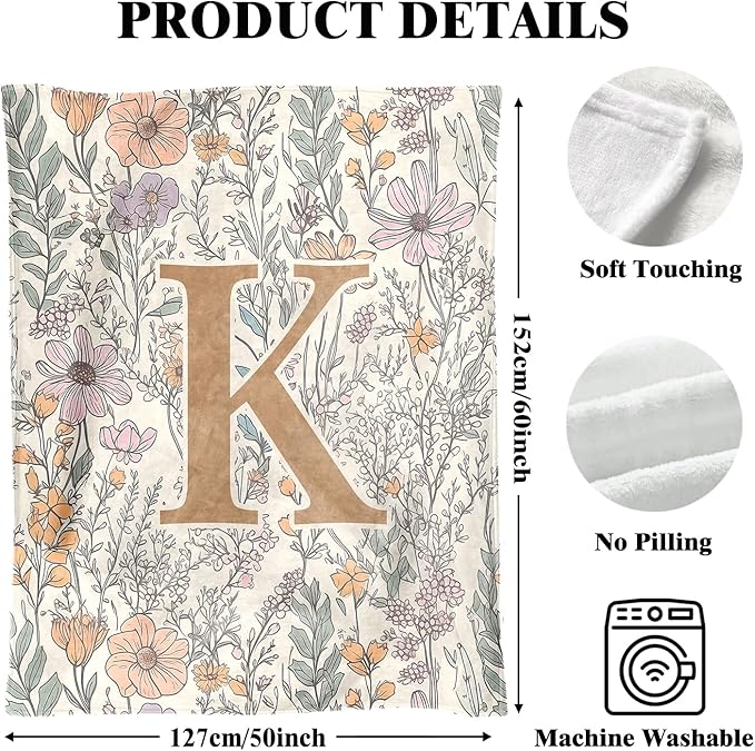 JXREQ Throw Blanket Initial Letter K Personalized Monogrammed Gifts for Women Teen Girls Frends, Boho Floral Throw Blankets for Bed Sofa Living Room Office, 50x60 Inch
