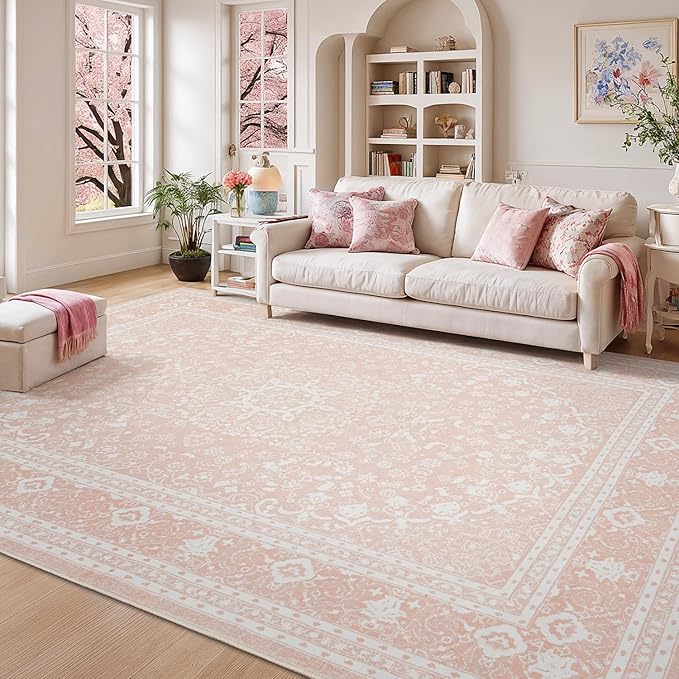 Lessymo 8 x 10 Area Rugs for Living Room, Machine Washable Area Rugs Boho Faux Wool Low Pile Area Rug for Bedroom, Floral Medallion Vintage Rugs with Non-Slip Rubber, Kid & Pet Friendly,Pink