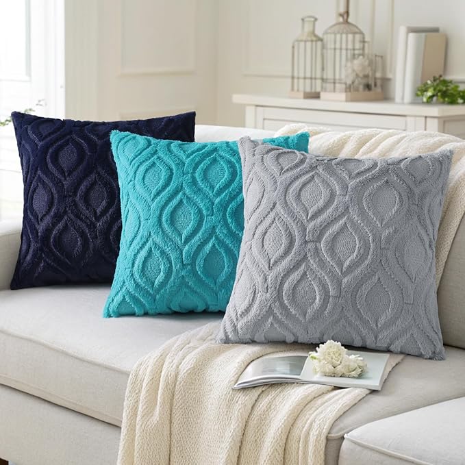 decorUhome Cozy Textured Euro Sham Throw Pillow Covers 24x24 Inch Set of 2, Soft Plush Faux Wool Navy Blue Accent Couch Pillow Covers for Modern Farmhouse Sofa Bed Living Room