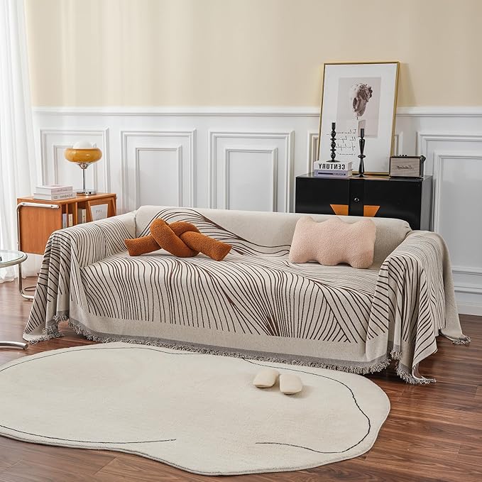 VClife XL Sofa Cover Chenille Couch Cover for 3 Cushion Couch Sofa, Modern Beige Chocolate Striped Couch Covers for Kids Washable Sectional Sofa Protector with Tassel 71"X134"