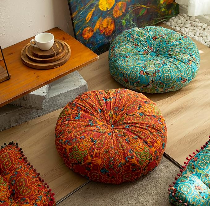 Cotton Linen Morocco Floor Cushions, Meditation Pillow, Futon Tatami Mats, Large Round Cushions for Outdoor Fireplace Yoga Living Room Reading Nook (OrangeB,22''x22'')