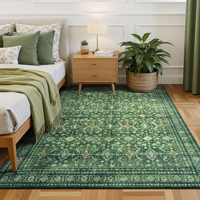Lessymo 6x9 Washable Area Rug with Non Slip Backing,Soft Boho Indoor Carpets for Living Room Bedroom Nursery, Kid and Pet Friendly, Green