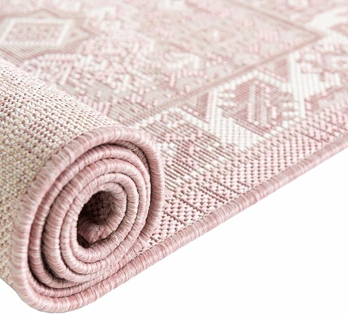 Rugs.com Outdoor Aztec Collection Rug – 13 Ft Round Pink Flatweave-Pile Rug Perfect for Kitchens, Dining Rooms