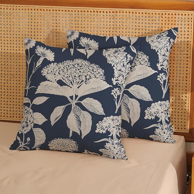 Blue Pillow Covers 16x16 Set of 2 Boho White Floral Throw Pillows Hydrangea Herbs Botanical Decoration Pillowcase Linen Farmhouse Vintage Flower Cushion Case Outdoor Decorative for Couch Sofa