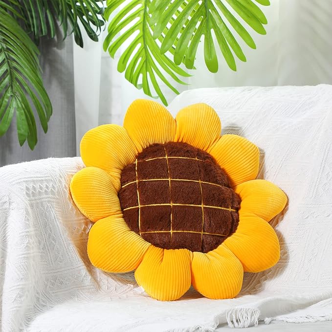 Coume 2 Pieces 3D Sunflower Flower Floor Pillow Seating Cushion Mat Sunflower Shaped Throw Pillow Yellow Chair Pads Decorative Plush for Bed Car Chair Sofa Office Gifts(15 Inch)