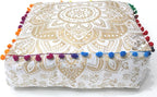 CRAFT KALA 16" Square Large Hippie Mandala Meditation Floor Ottoman Pillow Cushion Pouf Cover Square Poufs Bohemian Circle Floor Cushion Case Outdoor Fireplace Living Decor Cover White Gold Flower