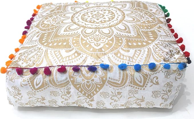 CRAFT KALA 16" Square Large Hippie Mandala Meditation Floor Ottoman Pillow Cushion Pouf Cover Square Poufs Bohemian Circle Floor Cushion Case Outdoor Fireplace Living Decor Cover White Gold Flower