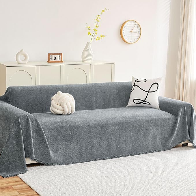 hyha Couch Cover for Dogs, Boho Sofa Covers for 3 Cushion Couch Washable, Chenille Sofa Slipcover for Pets, Soft Loveseat Sectional Couch Throw Blankets with Tassels (Grey, 88.5x118 Inch)