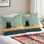 Black Cat Throw Pillow Covers 18x18, Aesthetic Black Cat Art Painting Decor Pillow Covers, Vintage Cats Drinking Coffee Decor for Room Bedroom