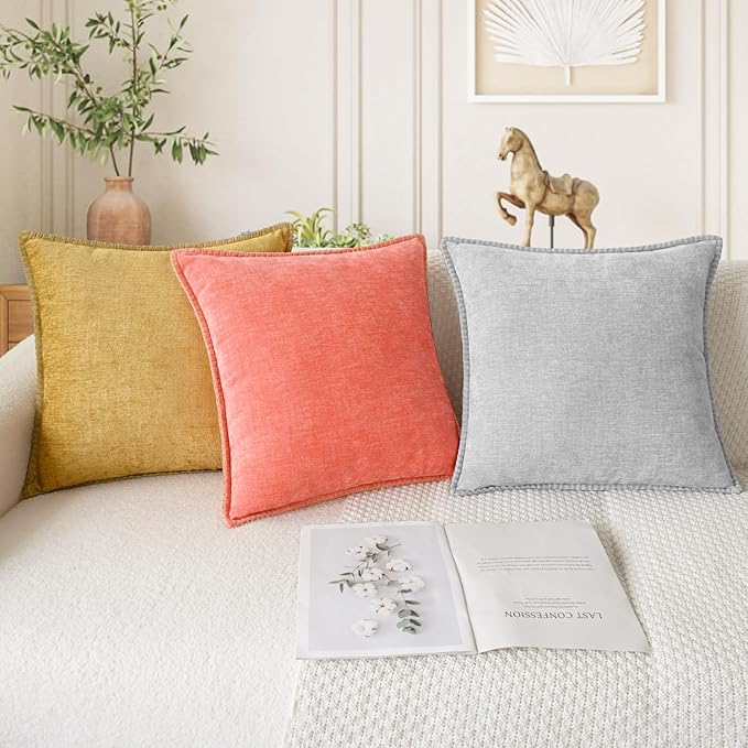 CaliTime Throw Pillow Covers Decorative 12 X 20 Inches Pack of 2 Cotton Thread Stitching Edges Solid Dyed Soft Chenille Cushion Cases for Couch Sofa Bed Living Room Farmhouse Living Coral