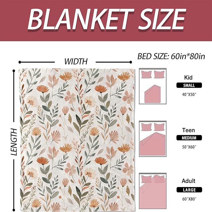 Floral Fall Garden Blanket 40×50 Inch,Soft Beige Botanical Lightweight Flannel Throw with Autumn Wildflower,Boho Rustic Farmhouse Home Decor,Gifts for Girls,Women
