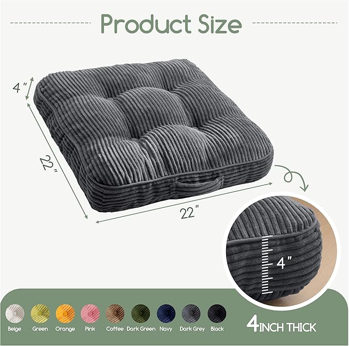 HIGOGOGO Floor Pillow Cushion for Adults, Meditation Cushion Pillow, Large Square Floor Sitting, Tufted Corduroy Cover, for Tatami Living Room or Yoga, 22x22 Inch, 2Pack, Dark Grey