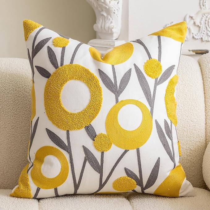 vctops Boho Floral Tufted Decorative Throw Pillow Cover Botanical Embroidered Cotton Cushion Cover for Couch Sofa Bed (Flower D,18"x18")