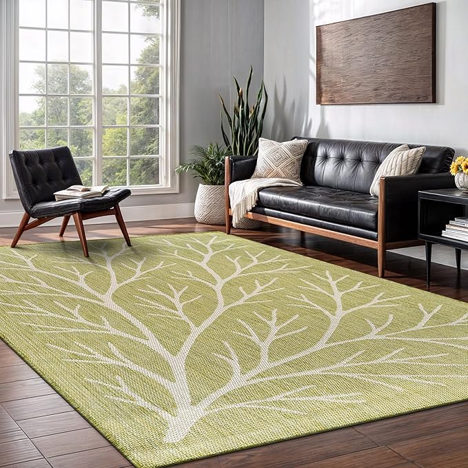 Washable Indoor Outdoor Rug 6x9 Modern Area Rugs Branch Pattern Non Shedding Waterproof Easy Clean Patio Deck Porch Living Room Bedroom Garden RV (6 X 9 Olive)