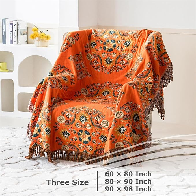 Boho Throw Blanket for Bed 100% Cotton Soft Lightweight Quilt Floral Embroidery Home Decor Spring Breathable Orange Bed Blankets,80"x90" All Season Reversible Blankets for Sofa Couch Chair