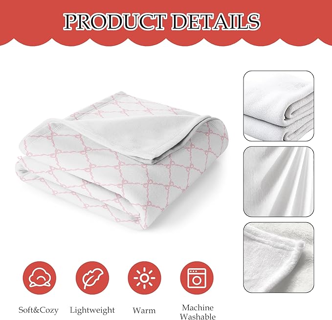 Coquette Pink Bow Blanket, Preppy Throw for Couch Bed Sofa, Cute Girly Bedroom Decor for Girls Women, Coquette Room Decor, 50x60 Inches