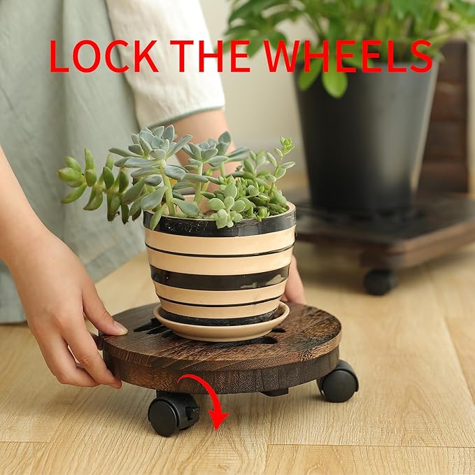 12" Plant Caddy Plant Stand with Wheels Rolling Plant Stand Heavy Duty Wood Plant Caddy, Heavy Duty Rolling Planter With Lockable Wheels Indoor Outdoor Potted Plant Roller Base Stand,Patio,Flower Pot