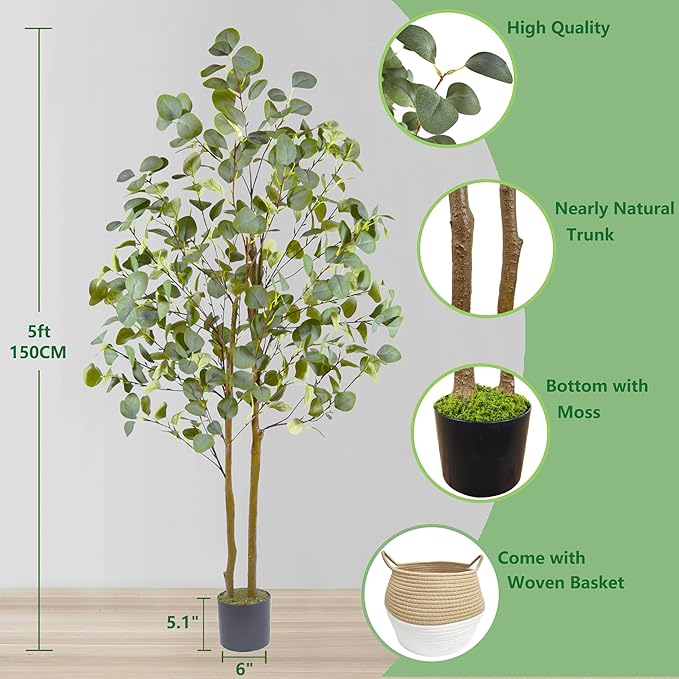 Artificial Eucalyptus Tree, 5ft Tall Fake Eucalyptus Plant with Woven Basket, 60'' Silk Leaves Faux Tree for Indoor Home Office Livingroom Garden Floor Décor