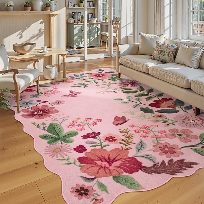 Lahome Floral Living Room Rugs, Pink Area Rugs 5x7 Rug for Bedroom Ultra-Thin Soft Rug, Non-Slip Washable Rugs Throw Boho Rug for ‎‎Nursery Playroom Classroom Flore (5x7ft, Pink)