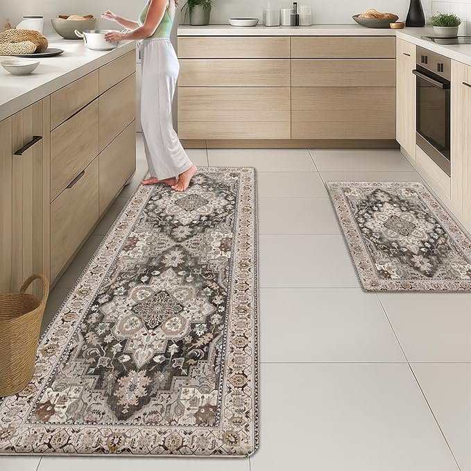 Arttown Kitchen Mats for Floor 2Pcs-Anti Fatigue Non Slip Mats for Kitchen Floor, Cushioned Waterproof & Stain-Resistant Boho Stripe Mat Set, Laundry Room, Office, Sink, Desk (Grey)