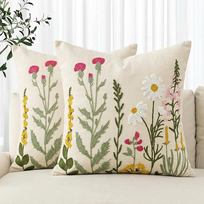AVOIN colorlife Spring Summer Floral Daisy Embroidered Throw Pillow Covers, 18 x 18 Inch Colorful Flowers Decorative Tufted Patterned Linen Cushion Case for Sofa Couch Set of 2