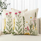 AVOIN colorlife Spring Summer Floral Daisy Embroidered Throw Pillow Covers, 18 x 18 Inch Colorful Flowers Decorative Tufted Patterned Linen Cushion Case for Sofa Couch Set of 2