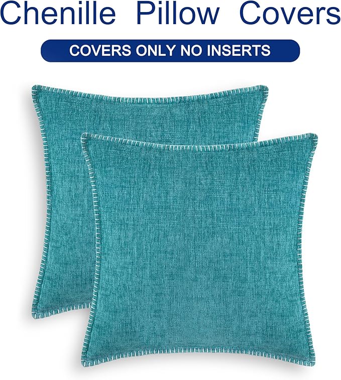 CaliTime Throw Pillow Covers Decorative 26 X 26 Inches Pack of 2 Cotton Thread Stitching Edges Solid Dyed Soft Chenille Cushion Cases for Couch Sofa Bed Living Room Farmhouse Lake Blue
