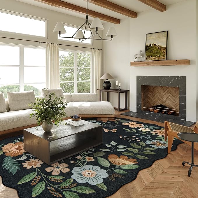 Lahome Floral 9x12 Area Rugs for Living Room Bedroom, Soft Washable Rugs 9x12 Stain Resistant, Ultra-Thin Non-Slip Boho Dining Room Rug Flore Accent Carpet for Office (9x12ft,Black/Grey)