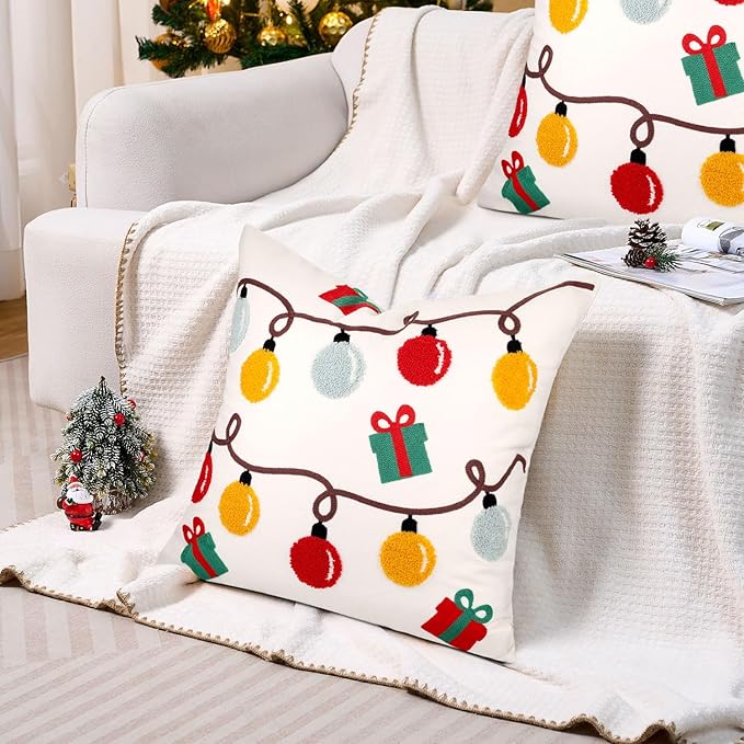 Christmas Embroidered Throw Pillow Covers Farmhouse Tufted Pillow Covers Winter Holiday Decorative Couch Covers 16x16 Christmas Lights Square Cushion Cases Set of 2 for Living Room Couch Sofa Bed