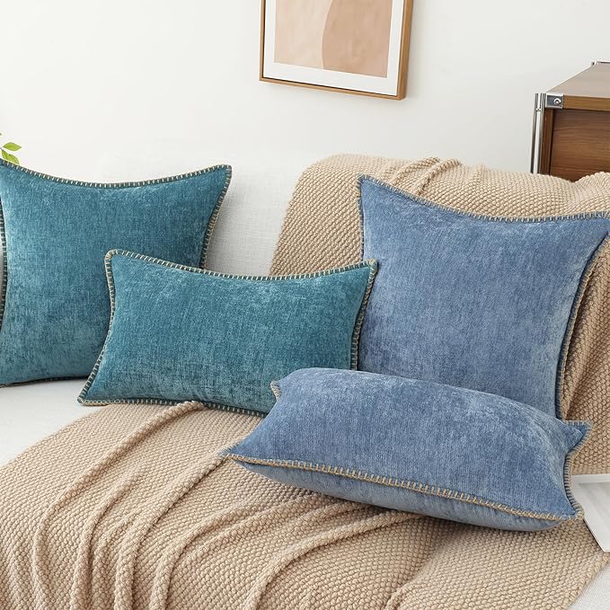 decorUhome Chenille Soft Cozy Throw Pillow Covers 22x22 Set of 2, Modern Farmhouse Boho Velvet Decorative Euro Sham Pillow Cases with Stitched Edge for Couch Sofa Bed Home Decor, Blue