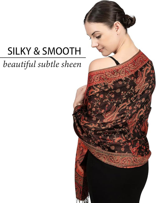 Achillea Reversible Paisley Pashmina Rave Scarf – Exotic Indian Shawls and Wraps for Evening Dresses, Festivals, All Seasons