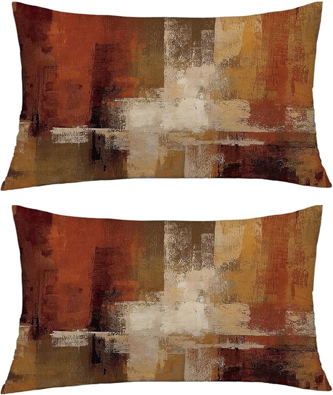 Burnt Orange Abstract Pillow Covers 12x20 Abstract Rust Art Painting Decorative Throw Pillowcase Modern Artwork Square Couch Cushion Cover for Living Room Sofa Accent Home Decor, Set of 2