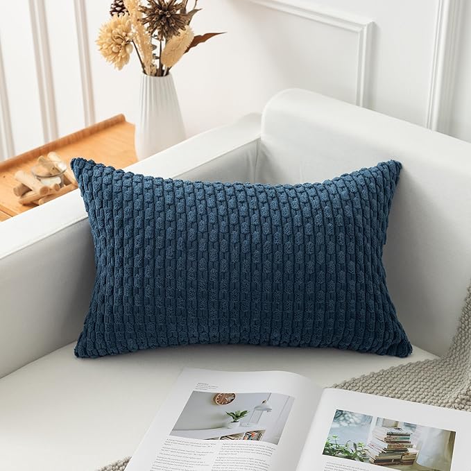 Kevin Textile 12x20 Inch Pillow Cover 1 Pack Boho Decorative Soft Striped Corduroy Lumbar Farmhouse Solid Color Accent Rectangle Cushion Case for Living Room Couch Sofa Bed, Blue