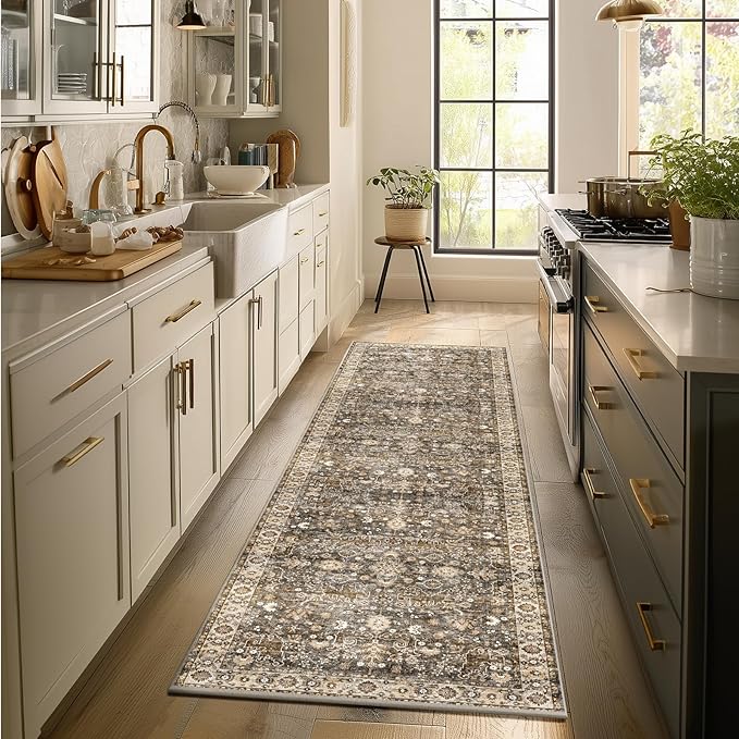 2'x6' Washable Runner Rug Utral Soft Lightweight Vintage Boho Distressed Non-Slip Backing,Low Pile Stain Resistant Farmhouse Rug for High-Traffic Hallway, Kitchen & Laundry