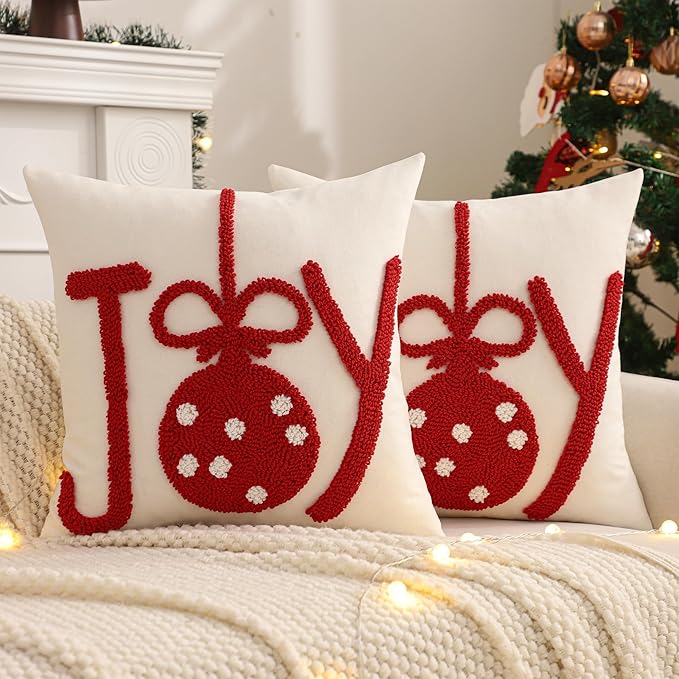 Tosleo Christmas Tufted Pillow Covers 18 x 18 inch Set of 2 Red Xmas Joy Throw Pillow Cover Xmas Party Decor Winter Holiday Embroidery Cushion Case for Sofa Couch Bed Living Room