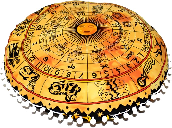 CRAFT KALA Boho Large Floor Pillow Pouf Cover Mandala Meditation Room Pillow Cover for Adults Round Bohemian Seating Pouf Cushion Cover for Kids Playroom 22" Yellow Zodiac