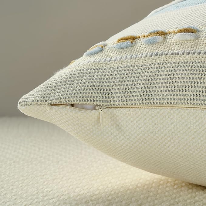 FUTEI Blue Brown Decorative Throw Pillow Covers 18x18 Inch Set of 2, Soft Tufted Striped Textured Accent Cushion Case,Boho Pillows for Couch Decor