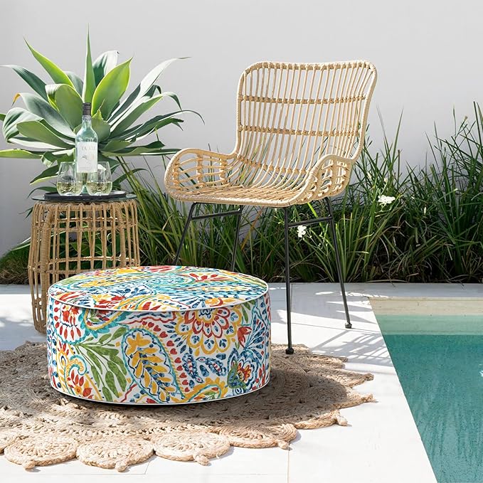 Indoor/Outdoor Inflatable Ottoman D21 x H9 inch, Round Footstool Inflatable Foot Rest Ottoman with Handle, Portable Ottomans Pouf for Patio, Garden, Camping, Home, Paisley Multi