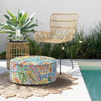 Indoor/Outdoor Inflatable Ottoman D21 x H9 inch, Round Footstool Inflatable Foot Rest Ottoman with Handle, Portable Ottomans Pouf for Patio, Garden, Camping, Home, Paisley Multi
