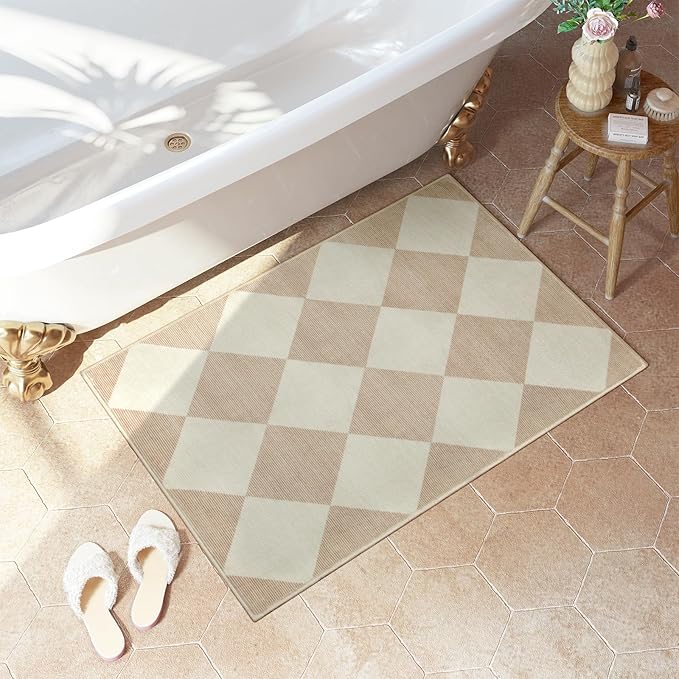 Beeiva Checkered Print Washable Indoor Door Mats for Entryway, 2x3 Non Slip Ultra Thin Bathroom Rugs Fit Under Door, Moroccan Diamond Decor Beige Small Rugs for Bedroom Kitchen Laundry Entrance