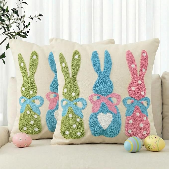 AVOIN colorlife Easter Polka Dot Heart Colorful Bunny Embroidered Throw Pillow Covers, 18 x 18 Inch Bow Rabbits Tufted Patterned Linen Decoration Cushion Case for Sofa Set of 2