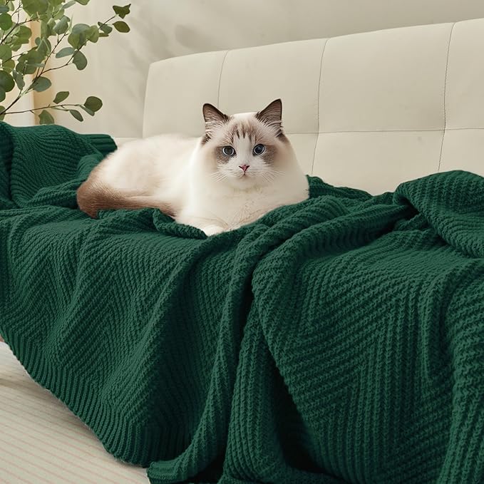 Knitted Throw Blanket 50"X60", Dark Green Knit Throws for Bed, Super Soft Boho Chevron Blankets for Couch Sofa Chair Room Decor, Textured Decorative Farmhouse Cozy Lightweight