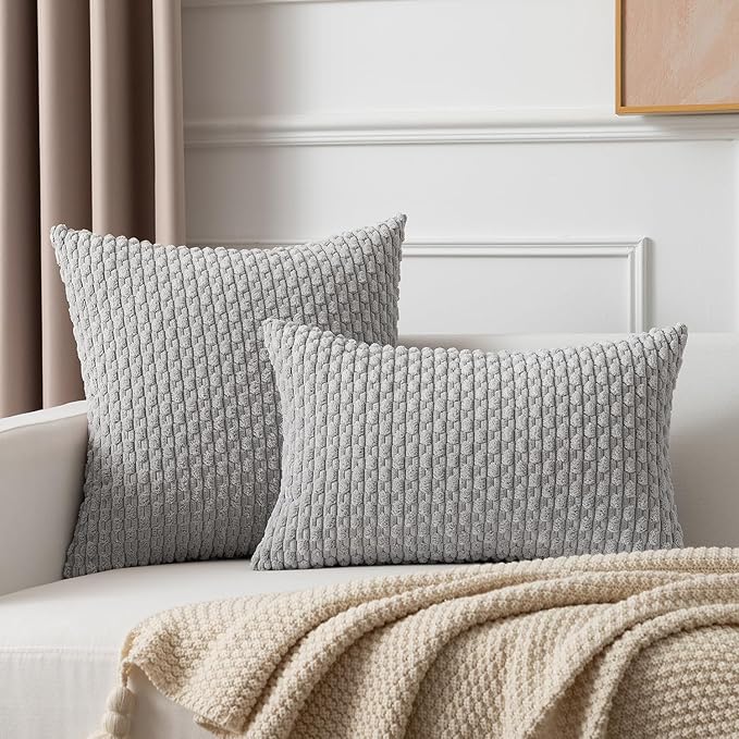 Kevin Textile 12x20 Inch Pillow Cover 1 Pack Boho Decorative Soft Striped Corduroy Lumbar Farmhouse Solid Color Accent Rectangle Cushion Case for Living Room Couch Sofa Bed, Light Grey