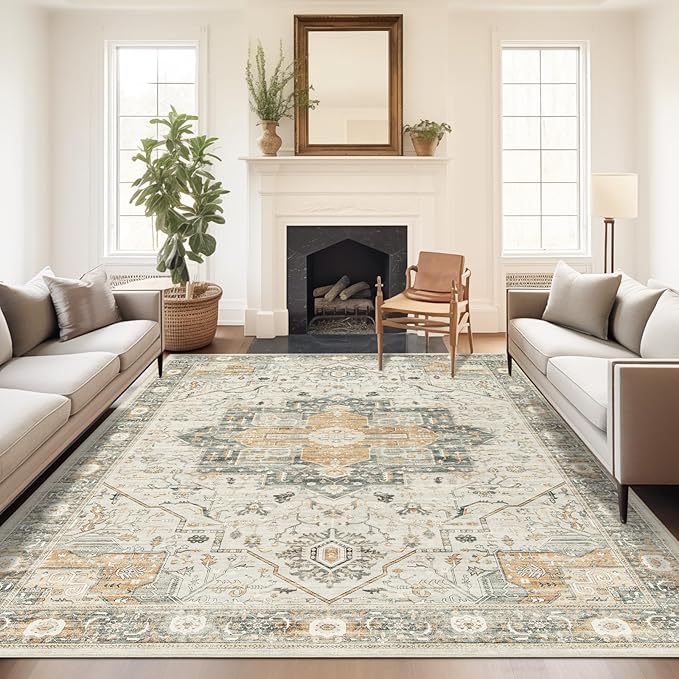 8x10 Area Rugs for Living Room, Vintage Washable Rug with Non-Slip Backing, Stain Resistant Large Area Rug for Dining Room, Soft Rugs for Bedroom (Orange/Light Grey, 8'x10')